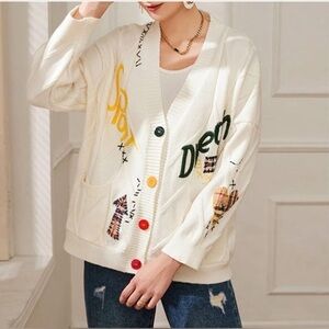 Women's Cable Knit Cardigan Cozy Embroidered Sweater Coat Long Sleeve Size M